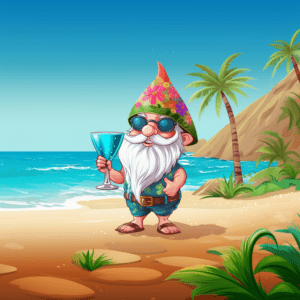 Cool Gnome on the Beach Drinking a Beverage