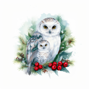 Owl & Baby Owl in a Tree with Berries Watercolor