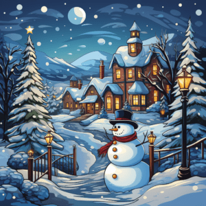 Happy Winter Snowman Snowy Night Village