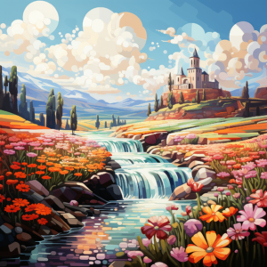 Waterfall Flowers Mountain Castle Scene