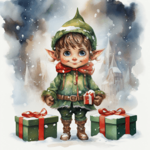 Blue-Eyed Elf with Holiday Presents in Snow