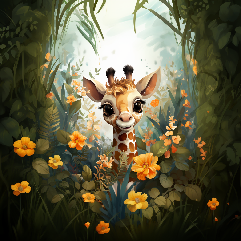 Giraffe with Green Leaves and Orange Flowers