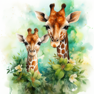 Cute Giraffe with Baby Giraffe Among Green Leaves Watercolor