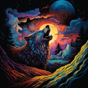 Wolf Lover Howling at the Moon Colorful Trippy Art