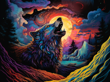 Wolf Lover Howling at the Moon Colorful Trippy Art
