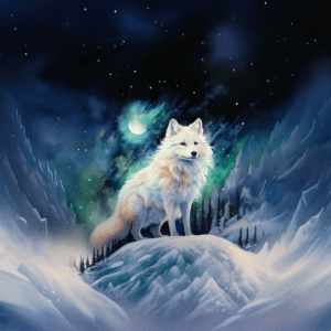 Arctic Fox Aurora Under a Moon and Starry Sky Watercolor
