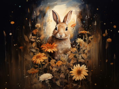 Rabbit in a Field of Flowers Vintage Style Bunny Rabbit Art