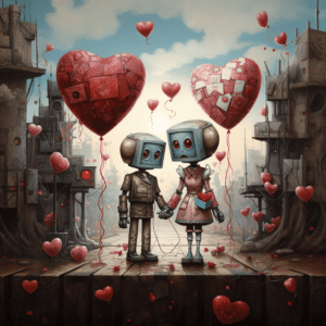 Robots in Love Cute Mechanical Robots Holding Hands