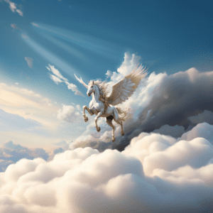 White Pegasus Horse Flying Through Blue Sky with Clouds