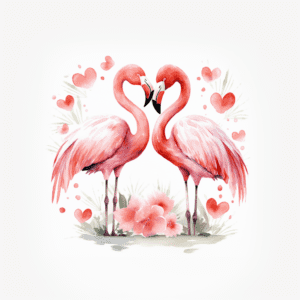 Pink Flamingos in Love with Hearts and Flowers Watercolor