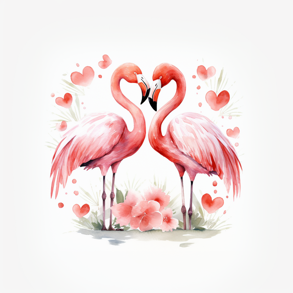 Pink Flamingos in Love with Hearts and Flowers Watercolor