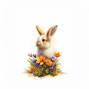 Bright-Eyed Bunny Spring Flowers Whimsical Watercolor