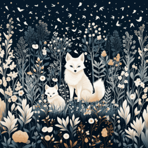 Whimsical Fox with Baby Fox in a Field of Flowers