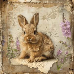Vintage Botanical Bunny Rustic Rabbit and Wildflowers