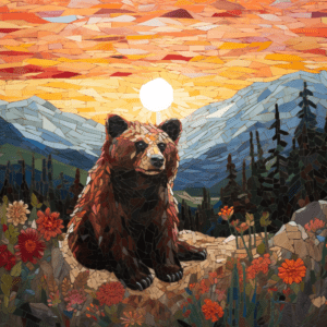 Sunset Mosaic Bear Wildlife Mountain Flowers Landscape Art