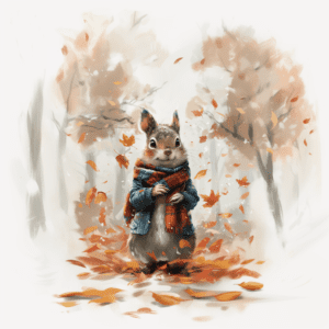 Autumn Squirrel in Scarf Whimsical Wildlife Fall Leaves