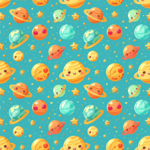 Cute Cartoon Planets Smiling Stars Kawaii Pattern