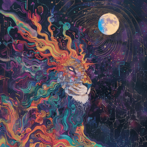 Cosmic Lion Dreamscape Psychedelic Stars Moon