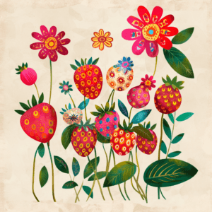 Folk Art Strawberries Whimsical Berry Floral Pattern