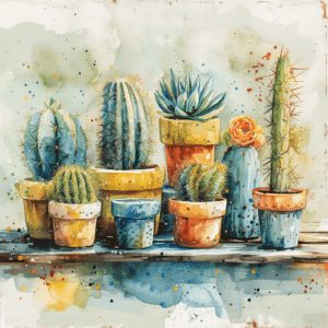 Succulent Sanctuary Watercolor Cactus Potted Cacti Plants