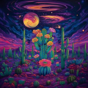Desert Night Bloom Cosmic Cactus Psychedelic Oasis Art