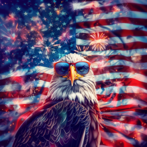 Eagle with Sunglasses American Flag and Fireworks