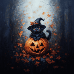 Halloween Black Kitten Cat in Pumpkin with Witch Hat