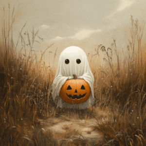 Cute Ghost Holding Carved Pumpkin in Autumn Field Halloween