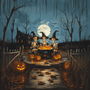 Halloween Skeletons in Witch Hats by Cauldron with Pumpkin