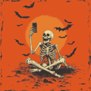 Skeleton Taking Selfie with Bats Halloween Design