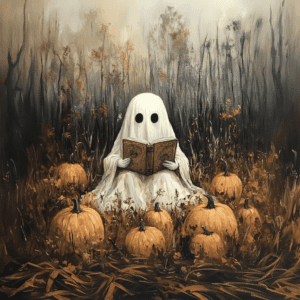 Cute Ghost Reading Among Pumpkins Halloween Design