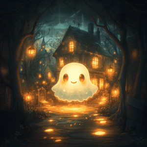 Glowing Cute Ghost in Enchanted Halloween Forest