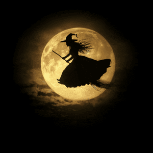 Flying Witch Silhouette with Full Moon Halloween Art