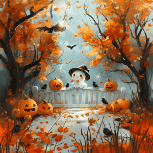 Cute Ghost in Witch Hat with Pumpkins Halloween Scene