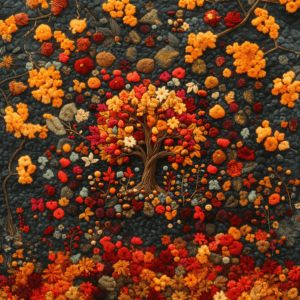 Vibrant Autumn Tree with Floral and Colorful Leaf Pattern