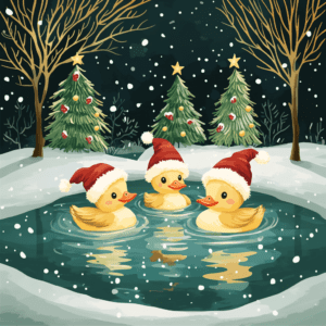 Cute Christmas Ducks in Snowy Winter Wonderland with Trees