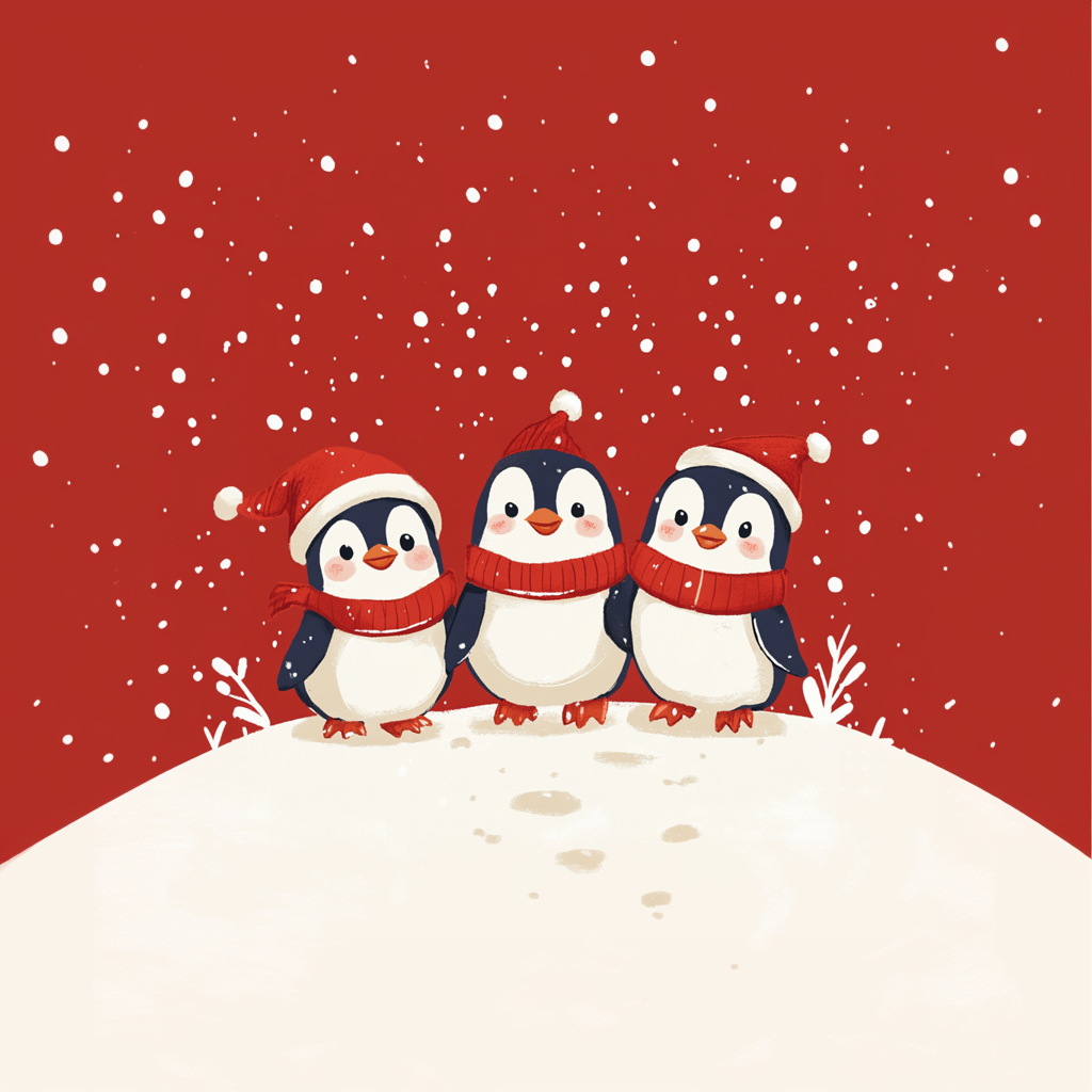 Cute Christmas Penguins in Snowy Scene with Red Hats
