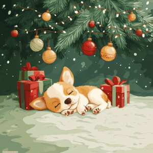 Cute Puppy Sleeping Under Christmas Tree with Presents Art