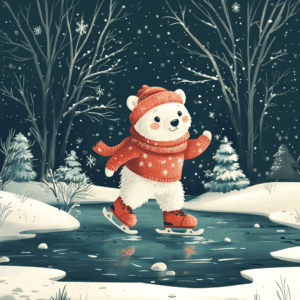 Cute Polar Bear Ice Skating in Snowy Christmas Wonderland