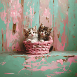 Adorable Kittens in Pink Basket with Pastel Abstract Design