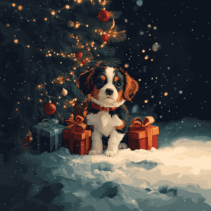 Cute Puppy Sitting Among Christmas Presents Holiday Tree