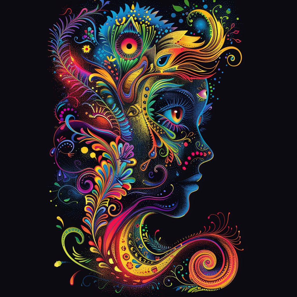 Psychedelic Face Vivid Colors Abstract Hippie Floral Art - Galt Ocean  Designs, image size:1024x1024