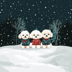 Cute Poodles in Christmas Sweaters Winter Scene