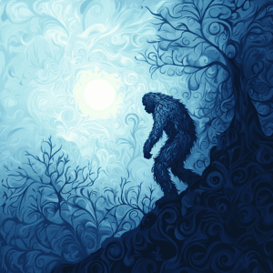 Bigfoot Sasquatch Silhouette in Swirling Moonlit Landscape