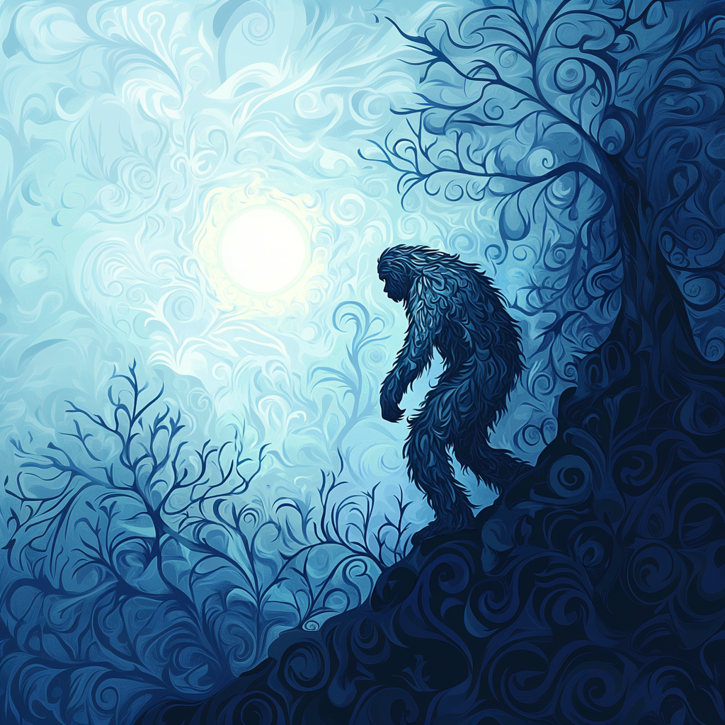 Bigfoot Sasquatch Silhouette in Swirling Moonlit Landscape