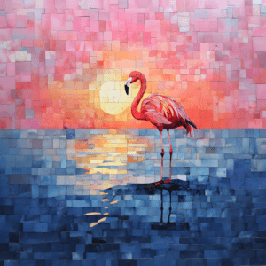 Pink Flamingo at Sunset Mosaic Style Tropical Beach Art