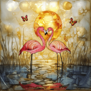 Romantic Flamingo Nature Scene with Ocean Sunset Butterflies