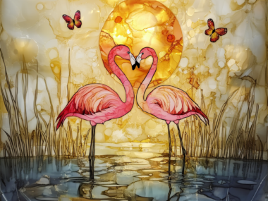 Romantic Flamingo Nature Scene with Ocean Sunset Butterflies