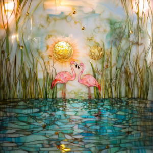 Pink Flamingos at Sunset Love Water Reflection Unique Art