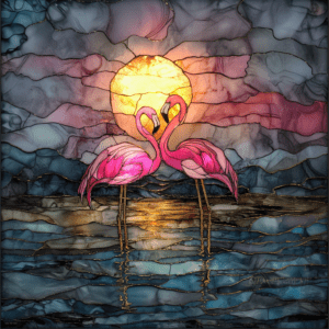 Romantic Flamingos at Sunset Colorful Stained Glass Style